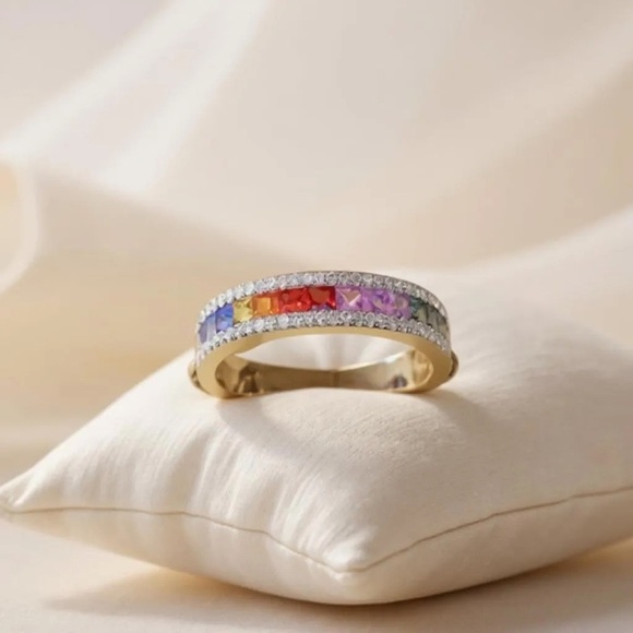 Gold and Zirconia Multicolor Gemstone Ring Size 8 - Picture 4 of 4